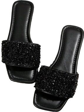 🆕Women's Black Sparkly Flat Sandals Dressy Open Toe Glitter Shiny Slippers